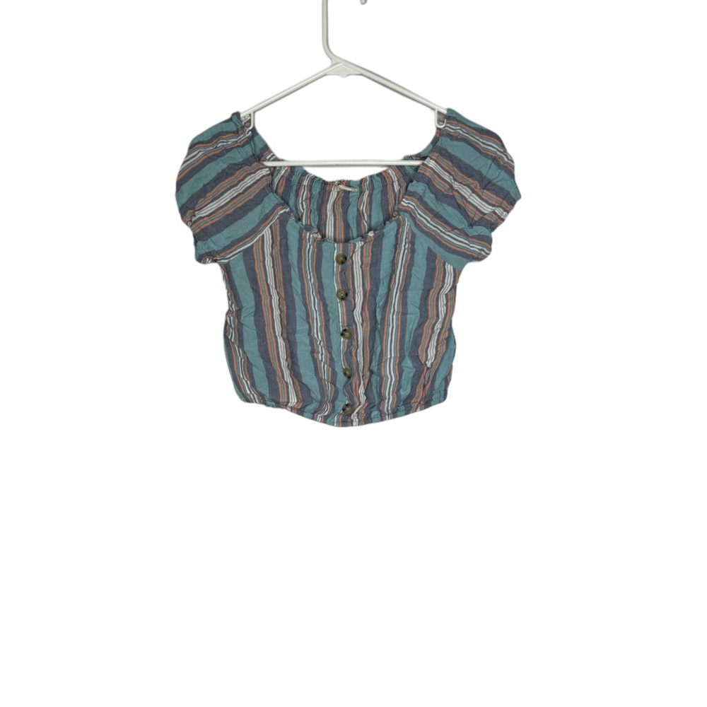 Aeropostale Striped Off-Shoulder Top - Blue, Brown, White